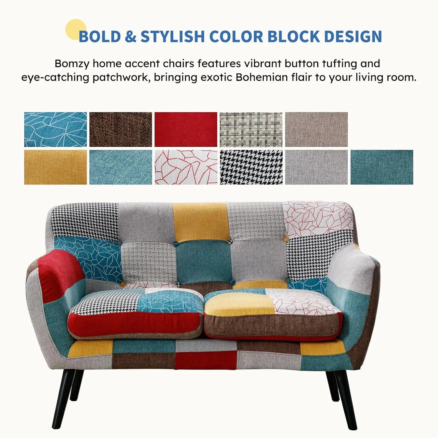 Modern Boho Loveseat Couch Sofa Chair for Living Room Bedroom, Upholstered Colorful Plaid Fabric 2-Seat Love Seat, Customized