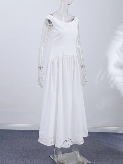 Minimalist White Boat Neck Midi Dress Women Elegant Cap Sleeve A-line Flare Eyelet Embroidery Vestido Wedding  Formal Party Gown