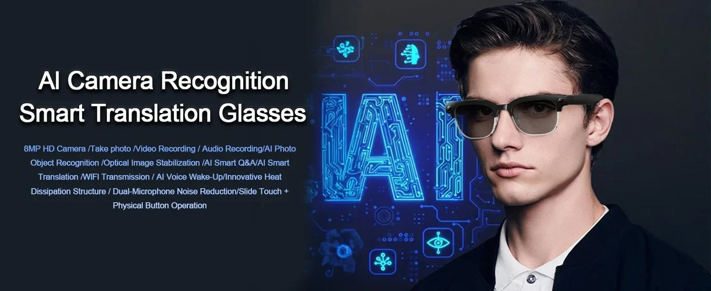2026 New 4K HD 800W Pixel Dual-Camera Smart Glasses Men 1080P Video Recording AI Chat WIFI Transmission Translation Call Glasses