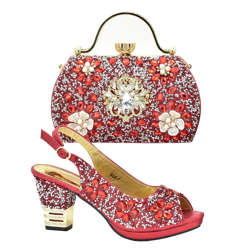 New Arrival Nigerian Party Shoes with Bag Set Decorated with Rhinestone Shoes for Women 2026 Designer Luxury Wedding Shoes Bride