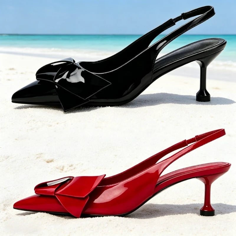 Red Patent Leather Slingback Heels Women Sweet Bow Decoration Pointed-toe High-heeled Sandals Luxury Party Brand Designer Shoes