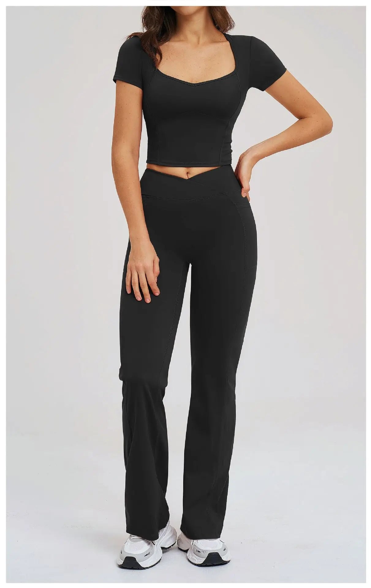 2PCS Women's Yoga Tracksuit midriff-baring short sleeve top high waist Bell-bottom Women Gym Running Training Workout Yoga Set