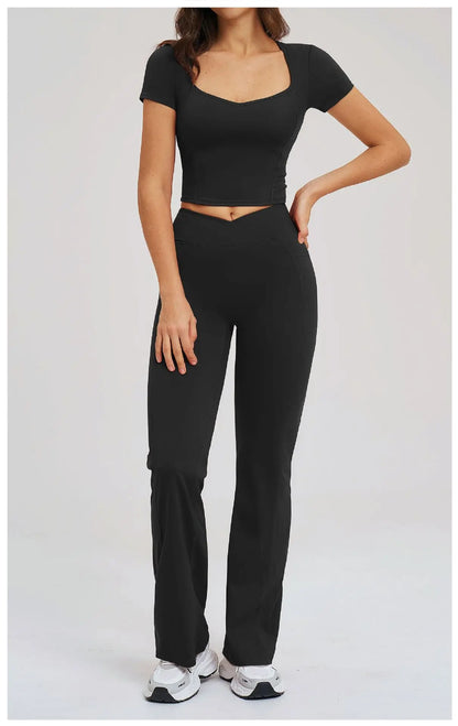 2PCS Women's Yoga Tracksuit midriff-baring short sleeve top high waist Bell-bottom Women Gym Running Training Workout Yoga Set