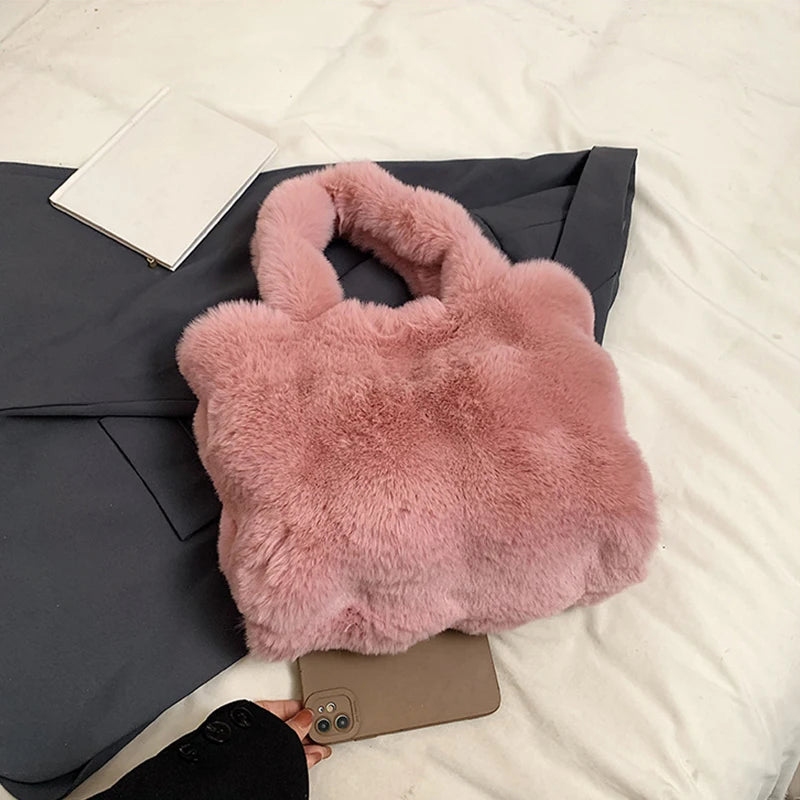 Women's Fluffy Plush Shoulder Bag Autumn Winter Top-Handle Solid Color Tote Versatile Commuter Handbag for Girls
