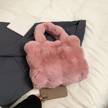 Women's Fluffy Plush Shoulder Bag Autumn Winter Top-Handle Solid Color Tote Versatile Commuter Handbag for Girls