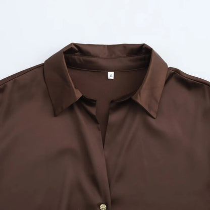 DUOPERI Women Fashion Satin Brown Blouse Lapel Neck Long Sleeves Vintage Female Chic Lady Shirts