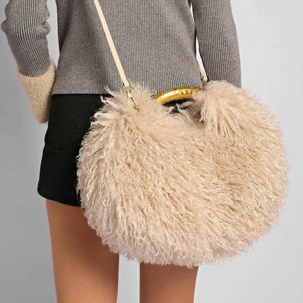 Spice Girl Solid Color Plush Women's Shoulder Bags Exquisite Handle Female Handbag Casual Versatile Furry Ladies Messenger Bag