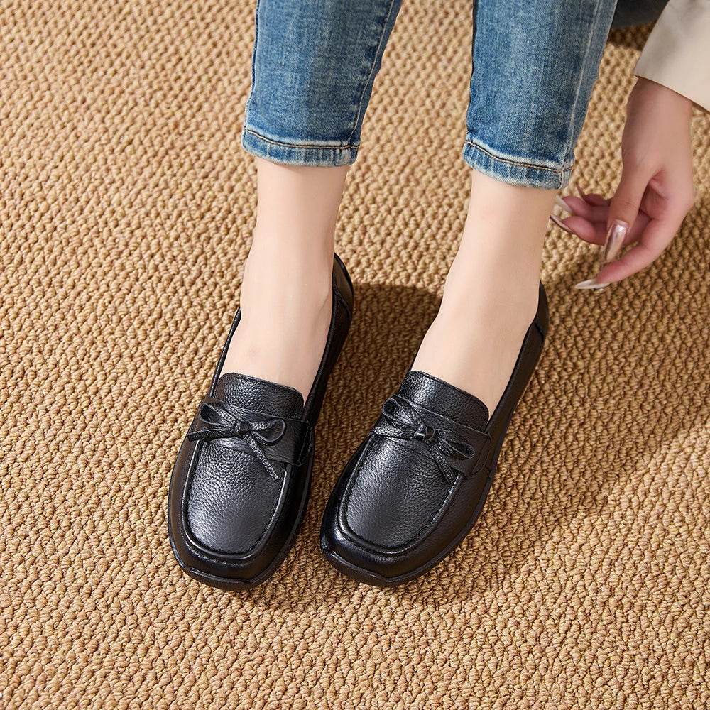 AIYUQI Women Bow Genuine Leather Loafers Slip‑on Platform Women Flat Shoes Mother Shoes Ladies Casual Walking Moccasins