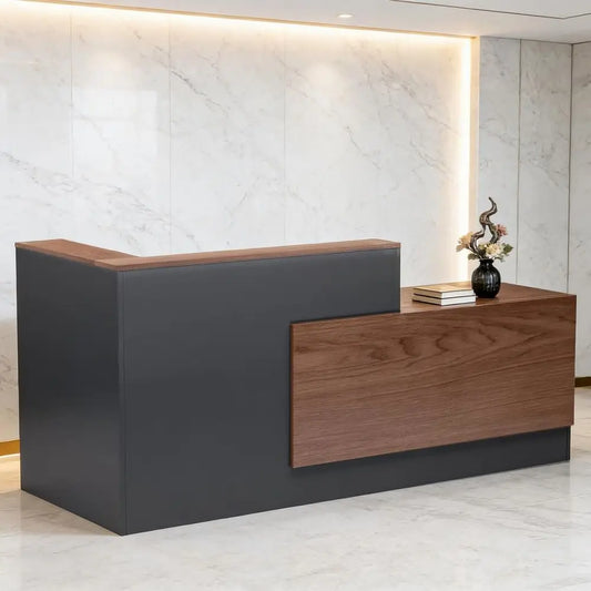 Large L-Shaped Wooden Office Desk with Storage, Counter & Shelves, Suitable for Home or Business, Brown and Black, Right-71L x 3