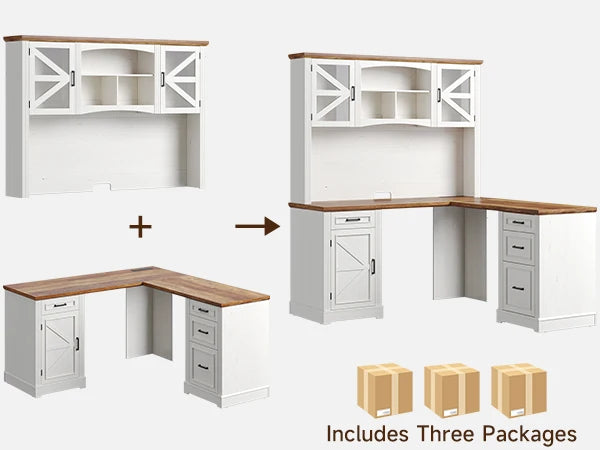 72" L-Shaped Executive Desk with Hutch, Farmhouse Home Office Desk, Wood L Shaped Computer Desks, Withe Computer Workstations