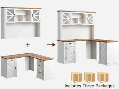 72" L-Shaped Executive Desk with Hutch, Farmhouse Home Office Desk, Wood L Shaped Computer Desks, Withe Computer Workstations