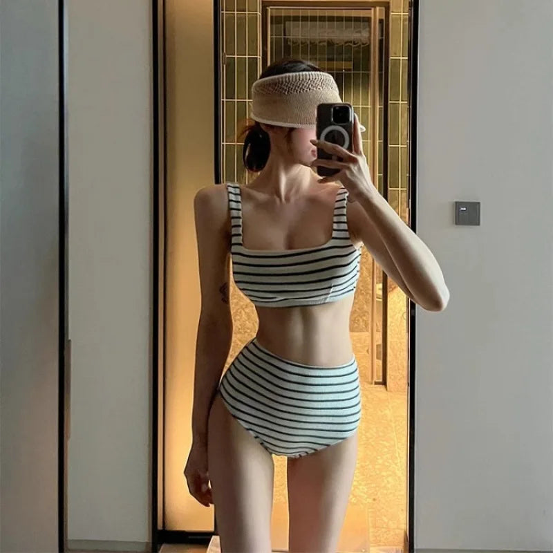 Korean Style Summer Stripe Women High Waisted Swimwear Female Push Up Swimsuit 2024 Swimming Bathing Suit Bikini Set Beach Wear