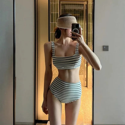 Korean Style Summer Stripe Women High Waisted Swimwear Female Push Up Swimsuit 2024 Swimming Bathing Suit Bikini Set Beach Wear