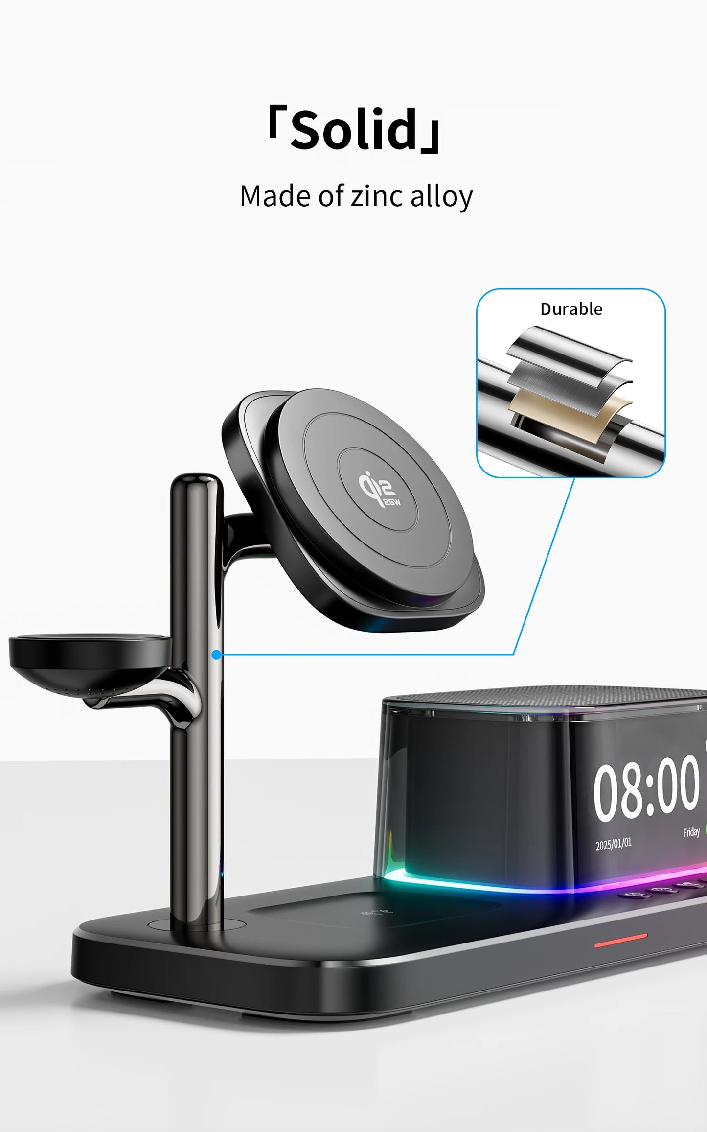 25W QI2 Wireless Charger with Wireless Speaker Digital Clock 3 in 1 Wireless Magnetic Charger for Iphone17 Charger Fast Charging