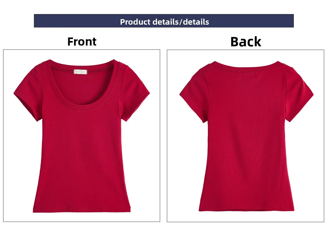 Cotton short sleeved women's T-shirt for summer, slim fit and slimming, versatile waist design, front shoulder, U-neck