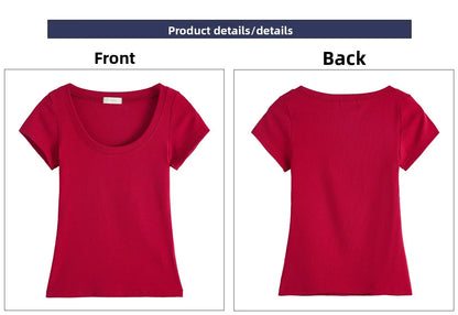 Cotton short sleeved women's T-shirt for summer, slim fit and slimming, versatile waist design, front shoulder, U-neck