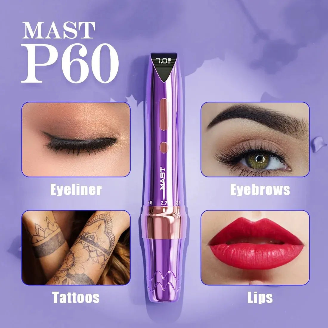 Mast P60 Wireless Tattoo Machine PMU Pen 5 Strokes Length 2.2mm - 3.2mm Permanent Makeup for Pro Artists Eyebrows Eyeliner Lip