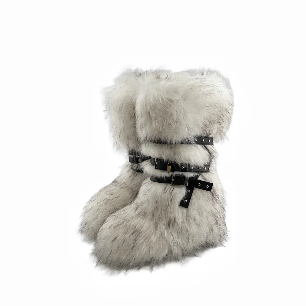 Faux Fur Knee-High Boot Round Toe Height Increasing Wild Winter Warmer Belt Buckle Slip-On Fashion Luxury Sexy Women Shoe Newest