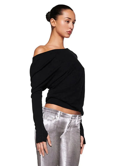 Sexy Elegant Long Sleeves Top Irregular One Shoulder Women Tops T Shirt Birthday Party Club Date Casual Office Clothes