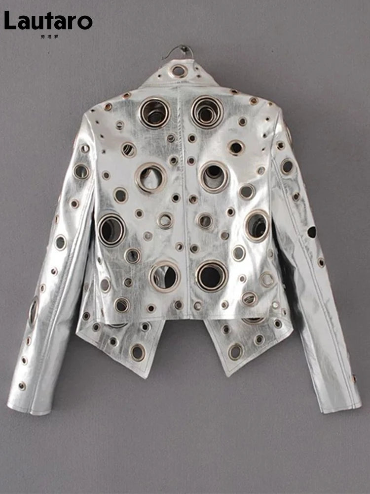 Lautaro Runway Cut Out Short Faux Leather Jacket Golden Rivet Cool Stylish Designer Clothes Women European American Fashion 2022