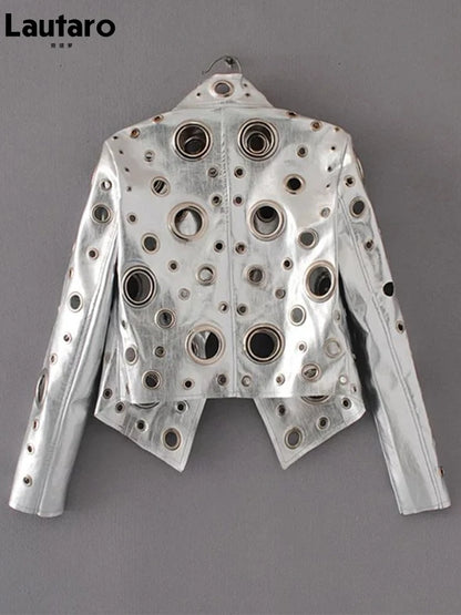 Lautaro Runway Cut Out Short Faux Leather Jacket Golden Rivet Cool Stylish Designer Clothes Women European American Fashion 2022