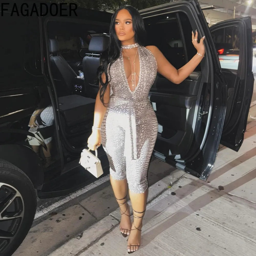 FAGADOER Sexy Python Print Patchwork Bodycon Jumpsuits Woman Halter Deep V-neck Backless Rompers Female Streetwear Overalls New