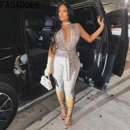 FAGADOER Sexy Python Print Patchwork Bodycon Jumpsuits Woman Halter Deep V-neck Backless Rompers Female Streetwear Overalls New