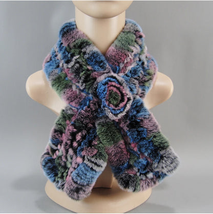 Hot Russian Women Knit Real Rex Rabbit Fur Scarf Lady Fashion Floral Rex Rabbit Fur Mufflers Hot Winter Warm Natural Fur Scarves
