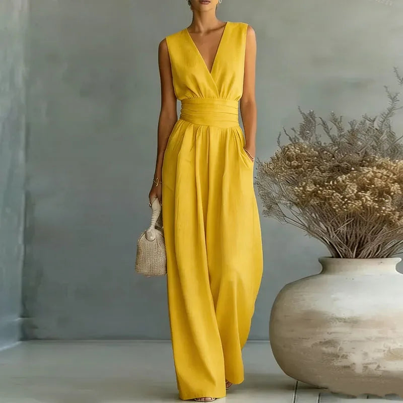OL Style Solid High Waist Draped Jumpsuits Woman 2026 Spring V Neck Wide Leg Trousers Overalls Casual Half Sleeve Rompers Outfit