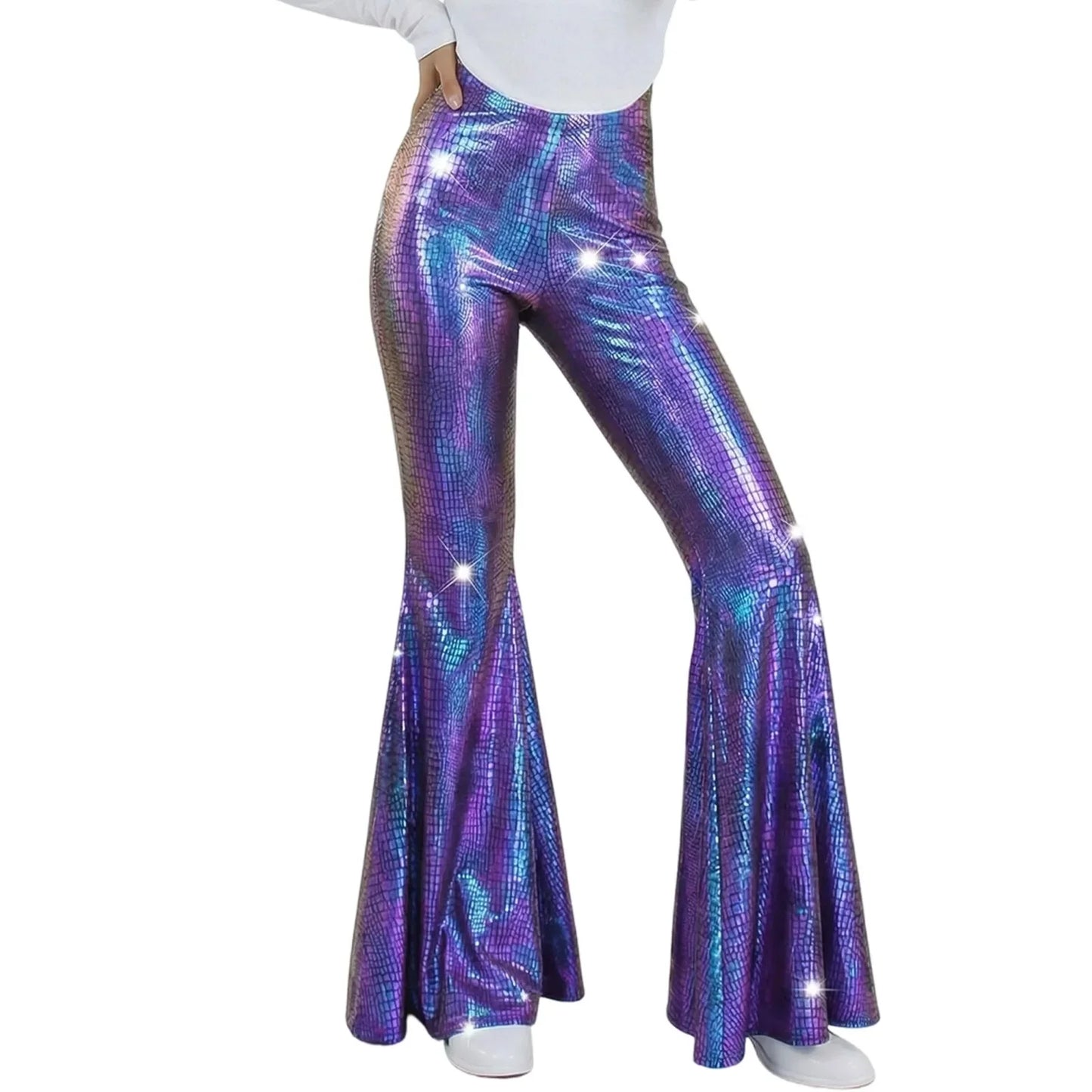 Sequin Women Flared Pants High Waist Shiny Disco Party Trousers Loose Fit Dance Club Stretchy Bell Bottom Wide Leg Trousers New