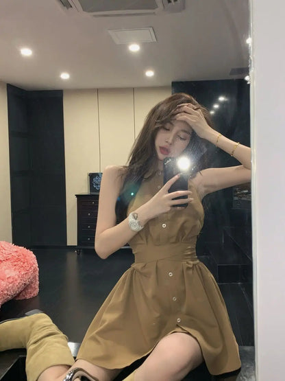 Sleeveless Dresses Women Bow Lace-up Turn-down Collar Mini High Street A-line Hotsweet Partywear Korean Fashion Vestidos Ins