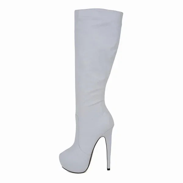 New Large Size Women Boots Autumn Winter Sexy 14cm Super High Heels Long Over Knee Long Boots Leather Round Toe Red Pumps Shoes