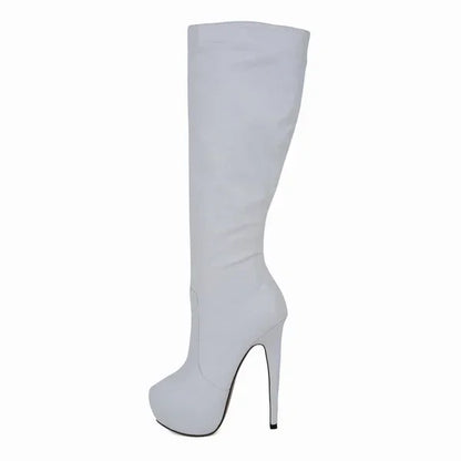 New Large Size Women Boots Autumn Winter Sexy 14cm Super High Heels Long Over Knee Long Boots Leather Round Toe Red Pumps Shoes