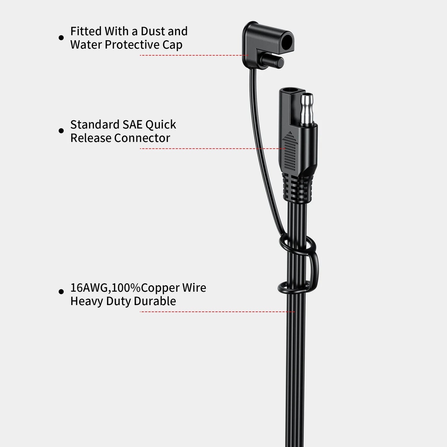 60cm/180cm Quick Release SAE Cable w/ 10A Fuse Terminal O Connector Battery Charger Extension Adapter Wire 16AWG Terminal