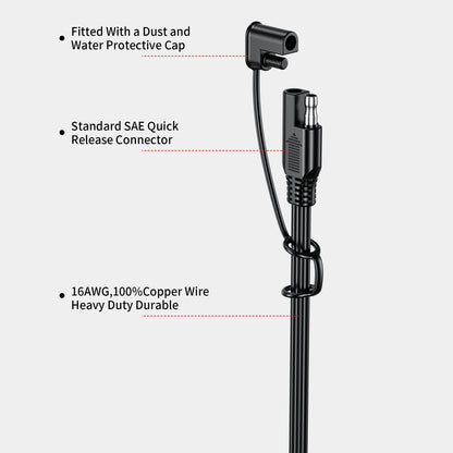 60cm/180cm Quick Release SAE Cable w/ 10A Fuse Terminal O Connector Battery Charger Extension Adapter Wire 16AWG Terminal