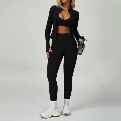 3PCS Yoga Sets Workout Set Women 2 Pieces Gym Suits High Waist Leggings Sport Bra Outfits Long Sleeve Fitness Running Sportswear