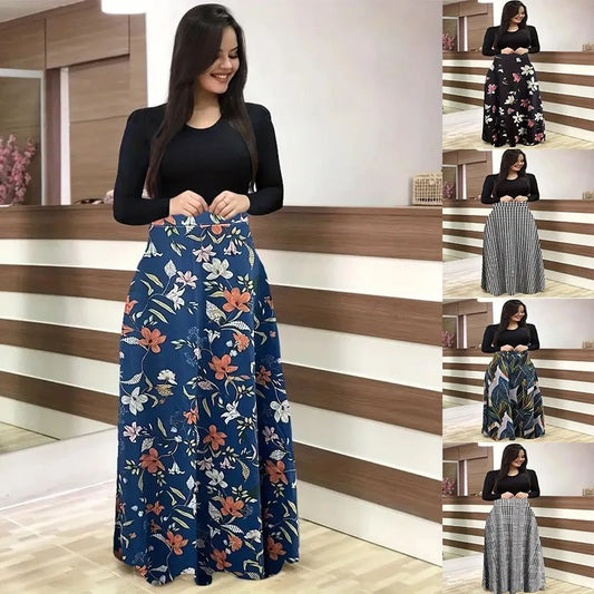 New flower print color blocked long sleeved dress for 2025