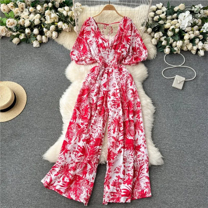 Women's Print Jumpsuit Casual V-neck Bubble Sleeve Backless Lace-Up Slimming Summer Beach Vacation Loose Wide Leg Jumpsuit