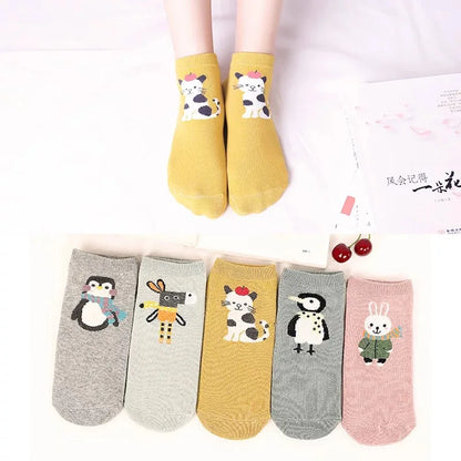 5 Pairs Lot Pack Women Socks Spring Summer Animal Unicorn Cat Fox Ear Cartoon Happy Funny Cute Lovely Cotton Ankle Socks Heart