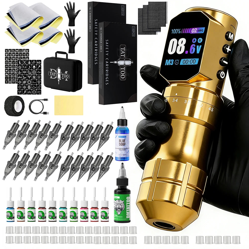 Tattoo Machine Kit Professional Adjustable Stroke Wireless Coreless Brushless Motor Tattoo Pen With Tattoo Ink Tattoo Blue Soap