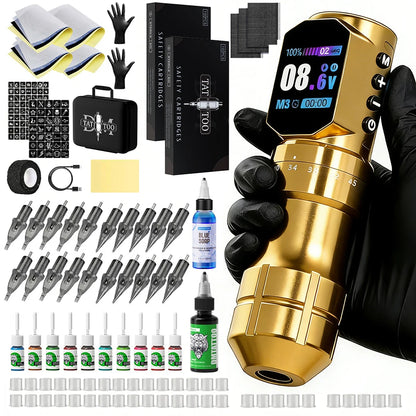 Tattoo Machine Kit Professional Adjustable Stroke Wireless Coreless Brushless Motor Tattoo Pen With Tattoo Ink Tattoo Blue Soap