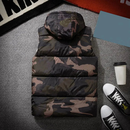 Winter Men Waistcoat Camouflage Thickened Cotton Padded Windproof Zipper Hooded Vest Coat for Daily Wear