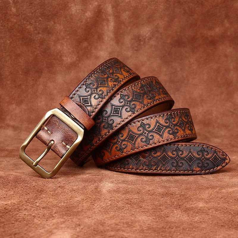 3.8CM Thickened Italian Pure Cowhide High Quality Genuine Leather Belts for Men Carving Strap Male Brass Buckle Jeans Cowboy