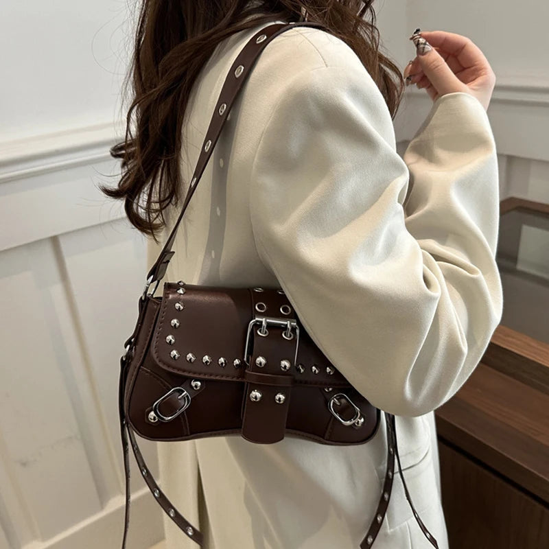 Shoulder Bag for Women Pink Underarm Bags PU Leather Crescent Bags with Rivet Small Y2k Purses Trendy Armpit Purse