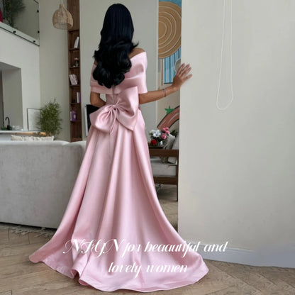 NFYN Pink Elegant Prom Dresses Off the Shoulder Pleating Appliques Party Dress Satin 3D-Bow Mermaid Evening Dresses Customized