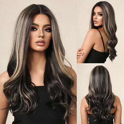 Long Wavy Transparent Lace Front Synthetic Wigs Brown Golden Ombre Lace Frontal Wig for Black Women Natural Cosplay Closure Hair