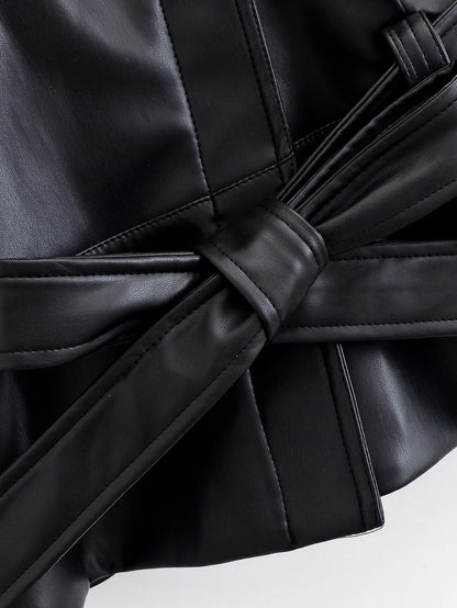HH Women Fashion Black Short Faux Leather Trench Coat Long Sleeve Lapel Jacket With Belt Vintage Lady Motorcycle Jacket Outwear