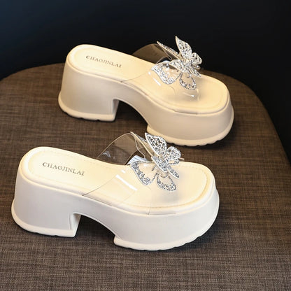 AUTUSPIN 9cm High Thick Heels Women Sandals Summer Sexy Fashion Slides Shoes Crystal Buttetfly PVC Transperant Ladies Shoes