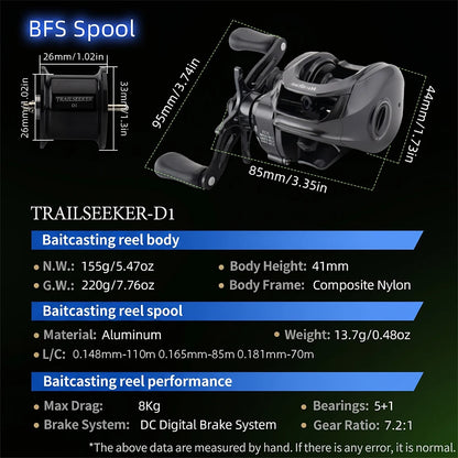 Huidiao TRAILSEEKER D1 Ultralight DC Baitcasting Reel 155g BFS Baitcaster 7.2:1 Zero Backlash 5+1BB for Bass Finesse Fishing