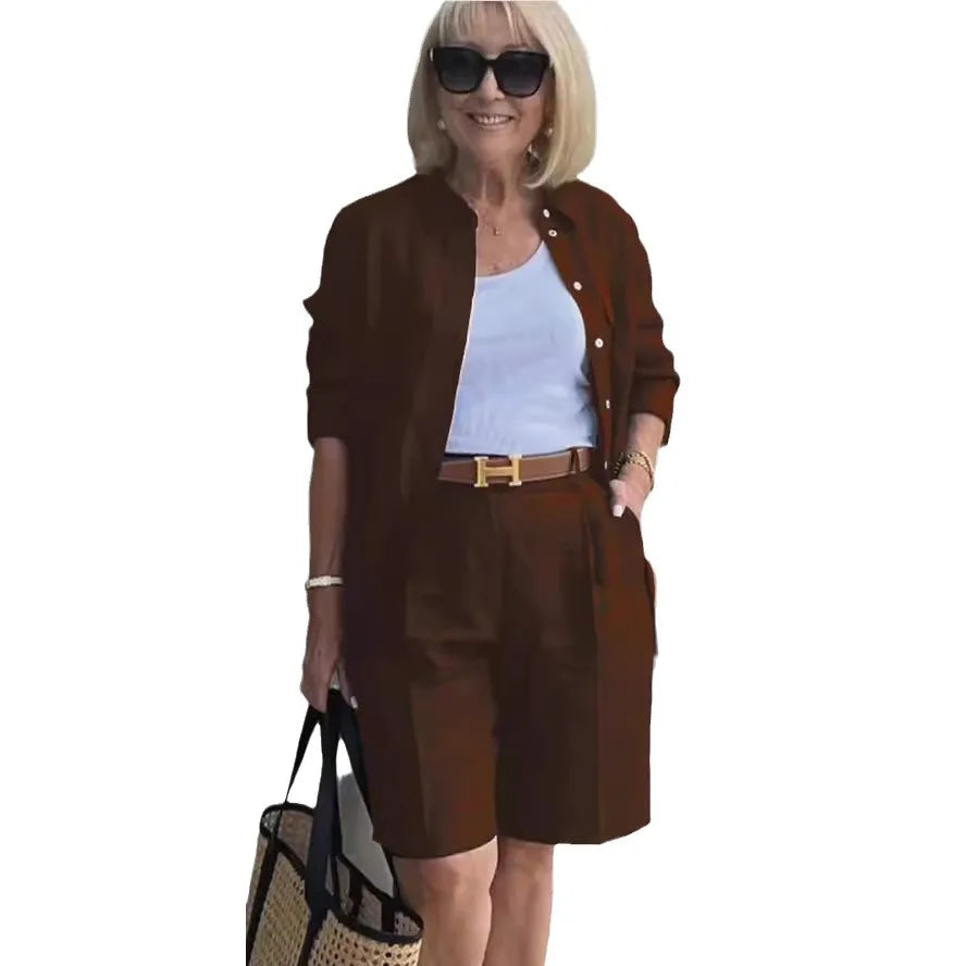 2026 Elegant 2-Piece Sets For Women Womens Cardigan Shirt Top Summer Solid Color Casual Shorts Two Piece New In Matching Sets